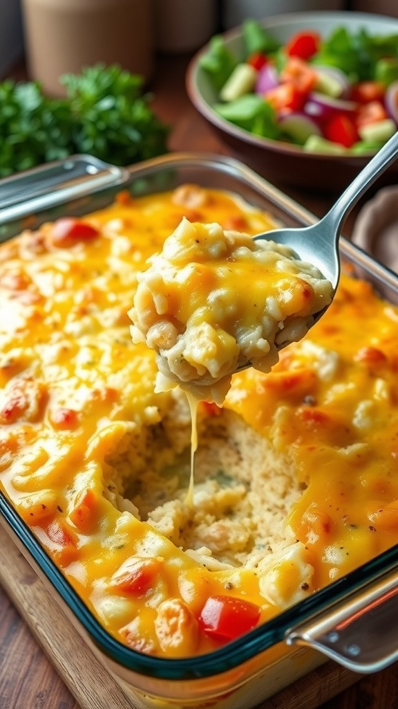 Cheesy chicken and rice casserole in a 9 by 13 dish, golden and bubbling, ready to serve.